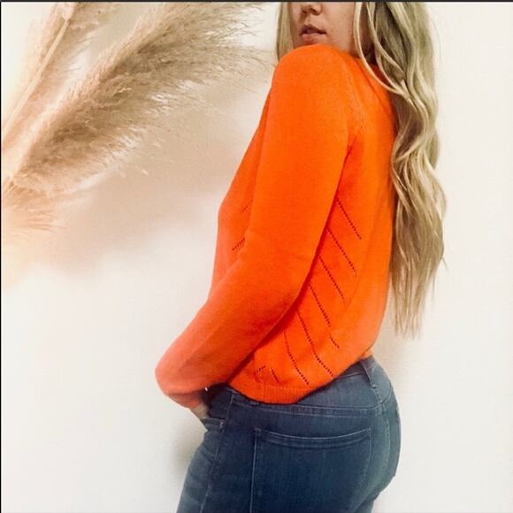 ANTHROPOLOGIE Moth Orange VNeck Tie Back Open Knit Detail Pullover Sweater M - Picture 4 of 8